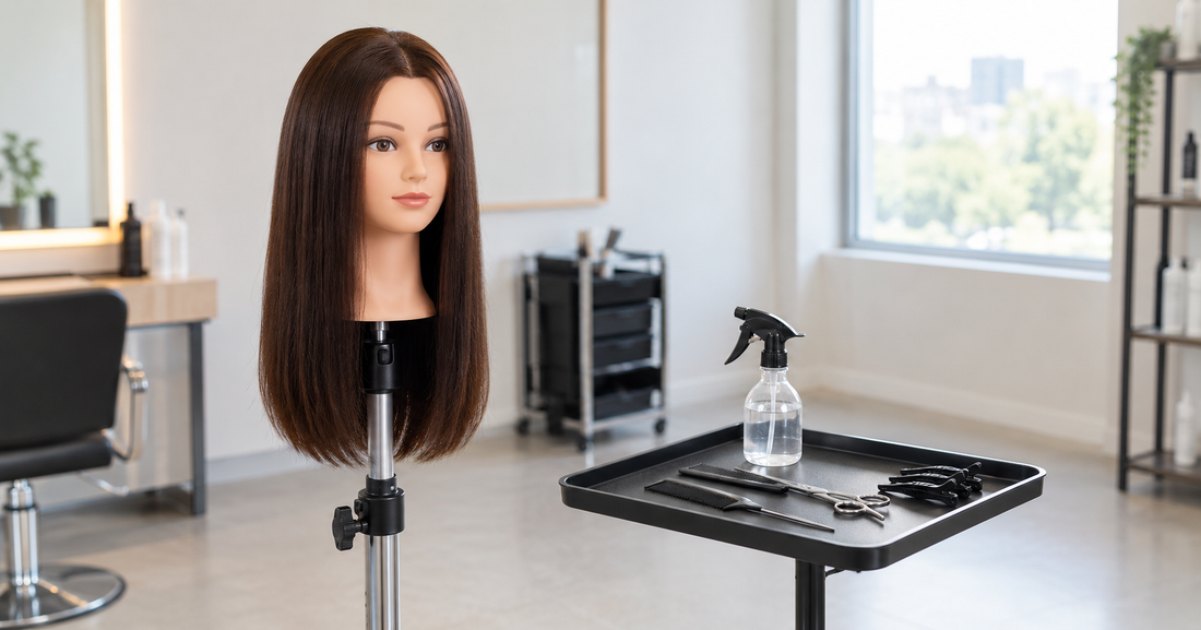 Training mannequin head on a stand for hairdressing students