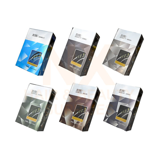 Six retail boxes arranged in two rows on a white background, each showing a different colorway of the same product package with geometric graphics and a central product illustration.