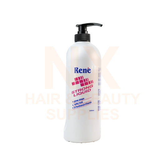 A 500ml white bottle of Rene Strong Liquid hair gel with a black pump dispenser, shown against a white background with a faint watermark.