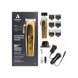 ANDIS Envy 8 Professional electric hair clipper set in gold, shown with its retail box, multiple black guide combs, charging base, power adapter, and accessories on a white background.