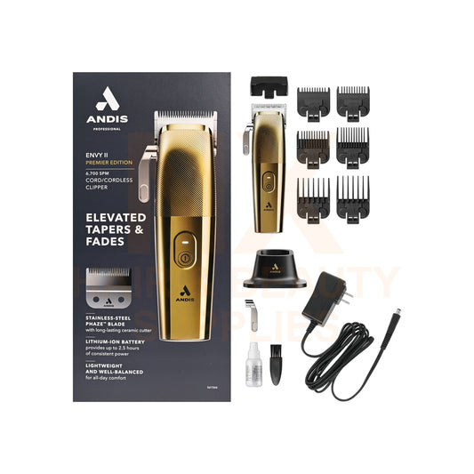 ANDIS Envy 8 Professional electric hair clipper set in gold, shown with its retail box, multiple black guide combs, charging base, power adapter, and accessories on a white background.