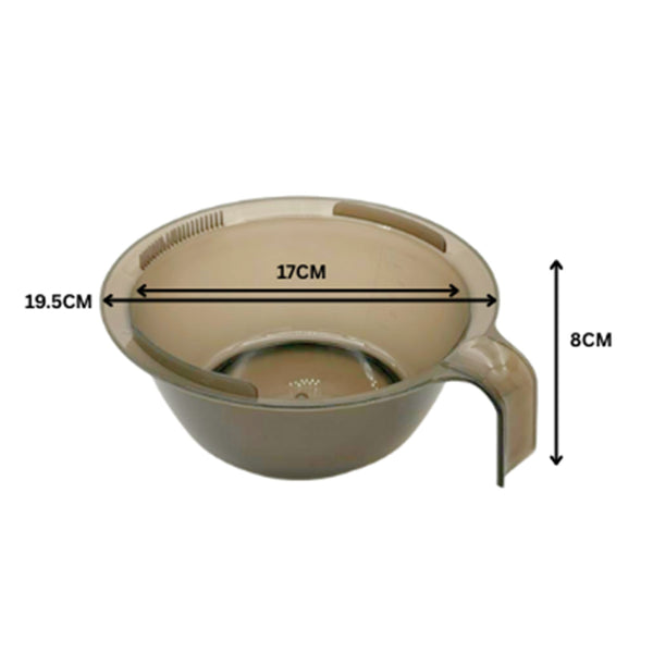 A beige plastic washbasin with a handle, shown with black dimension arrows and labels indicating 17cm width, 19.5cm depth, and 8cm height on a white background.