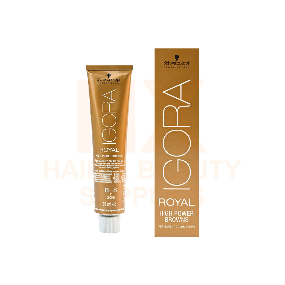 Schwarzkopf Professional GORA Royal High Power Browns hair color cream in a squeeze tube next to its retail box, both in a warm brown shade, on a white background.