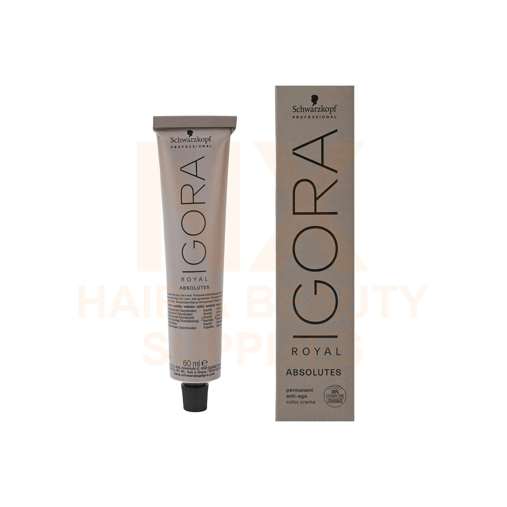 Schwarzkopf Professional Gora Royal Absolutes hair color cream tube next to its retail box, shown on a white background with a faint watermark.