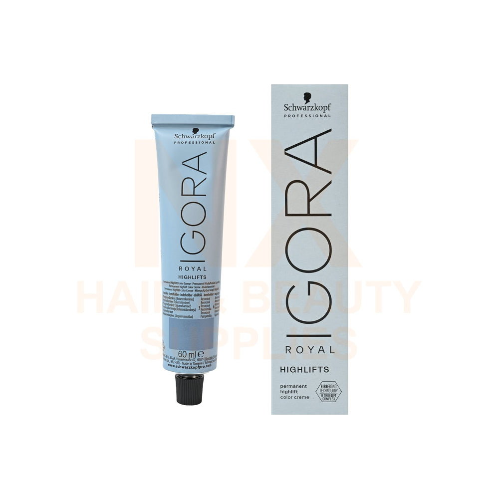 Schwarzkopf Professional GORA Royal Highlights hair dye tube and matching box on a white background.